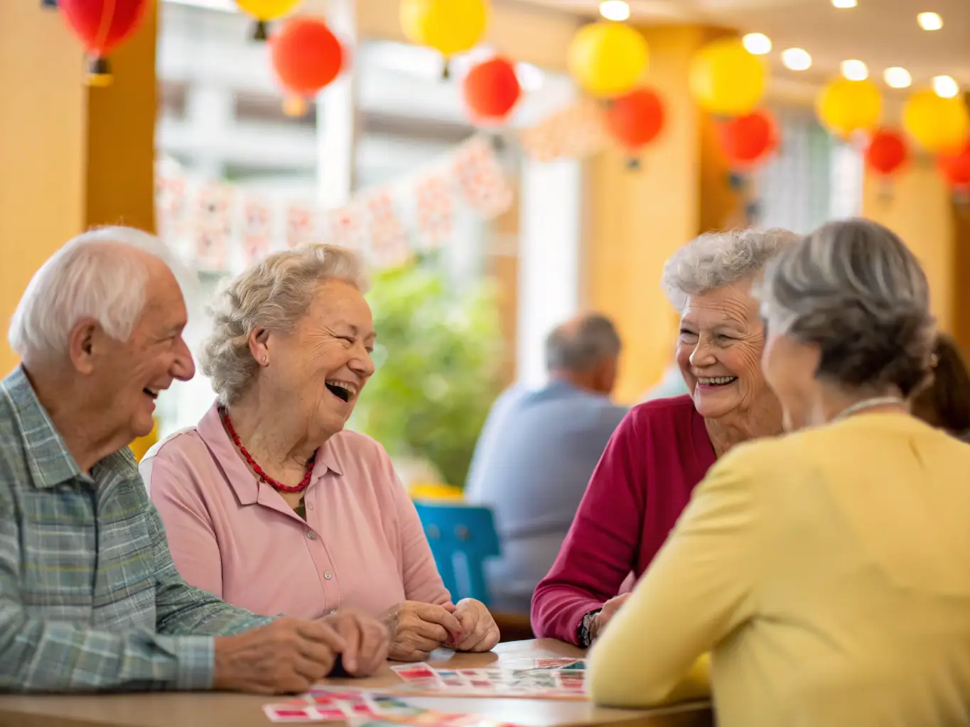 A relaxed group of seniors enjoying a post-game meal at a clubhouse, smiling and conversing, representing the mental well-being and sense of purpose fostered by SG4L.
