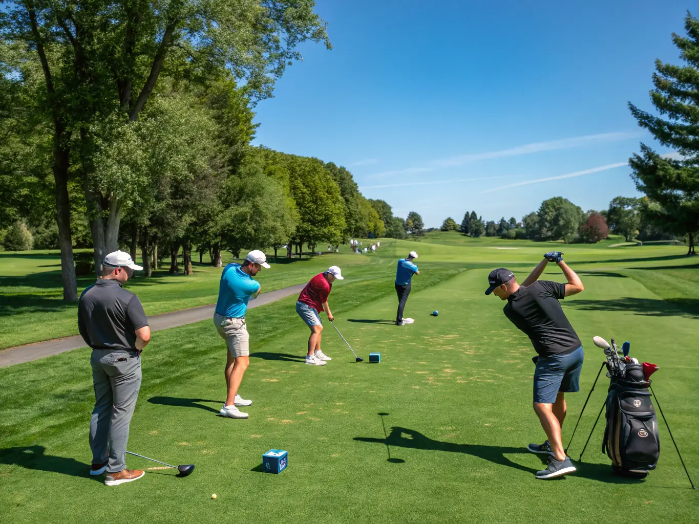A group of senior golfers participating in a friendly tournament on a sunny golf course, showcasing camaraderie and active engagement.