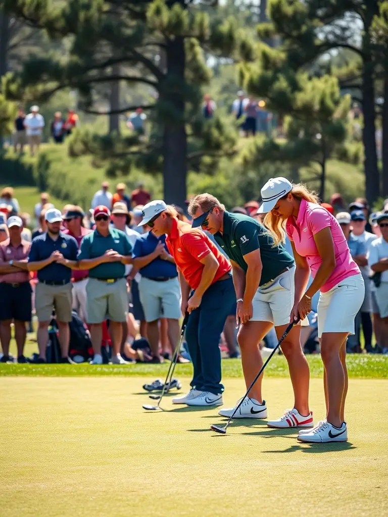 A vibrant group of senior golfers teeing off together on a sunlit golf course in central France, with rolling green hills and camaraderie evident in their smiles, representing the spirit of SG4L’s sports programs.