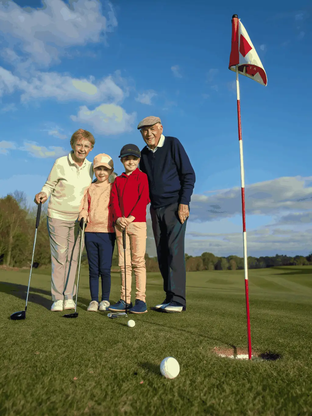 A cheerful group of senior golfers sharing a laugh on the green, golf clubs in hand, with a scenic French countryside backdrop, representing camaraderie and friendship among members.