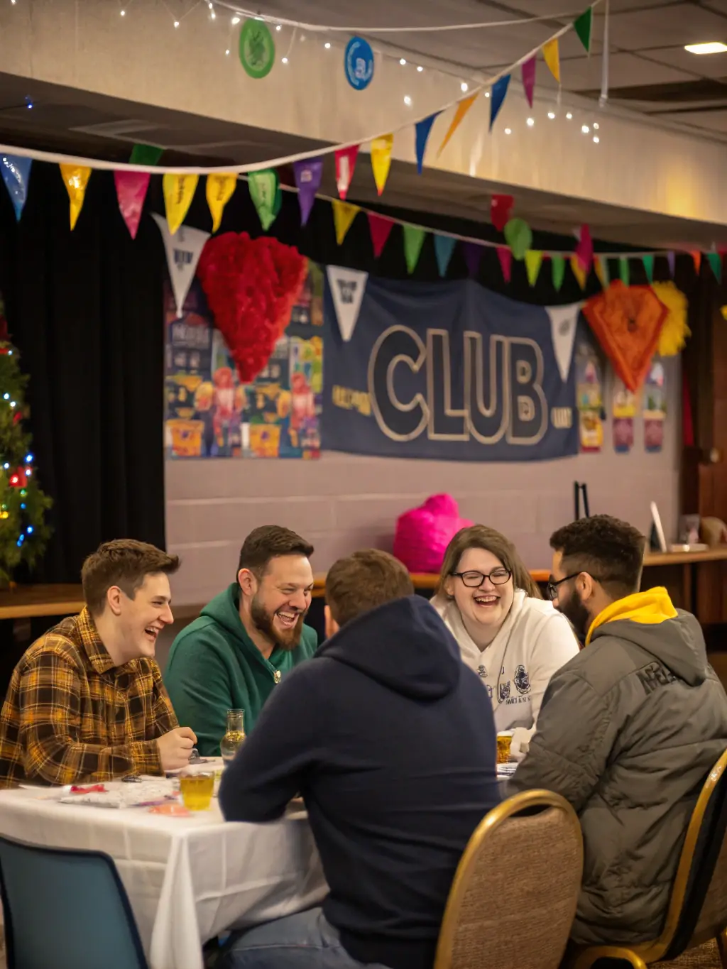 A group of seniors participating in a cultural event at the clubhouse, with decorations and refreshments, highlighting the variety of social activities offered.