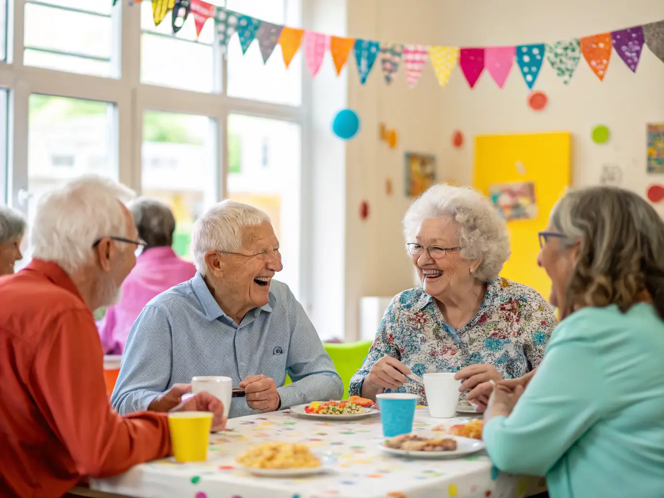 A festive indoor gathering of senior golfers seated at decorated tables, sharing a meal, laughing, and raising glasses in a toast, with banners and SG4L memorabilia in the background.