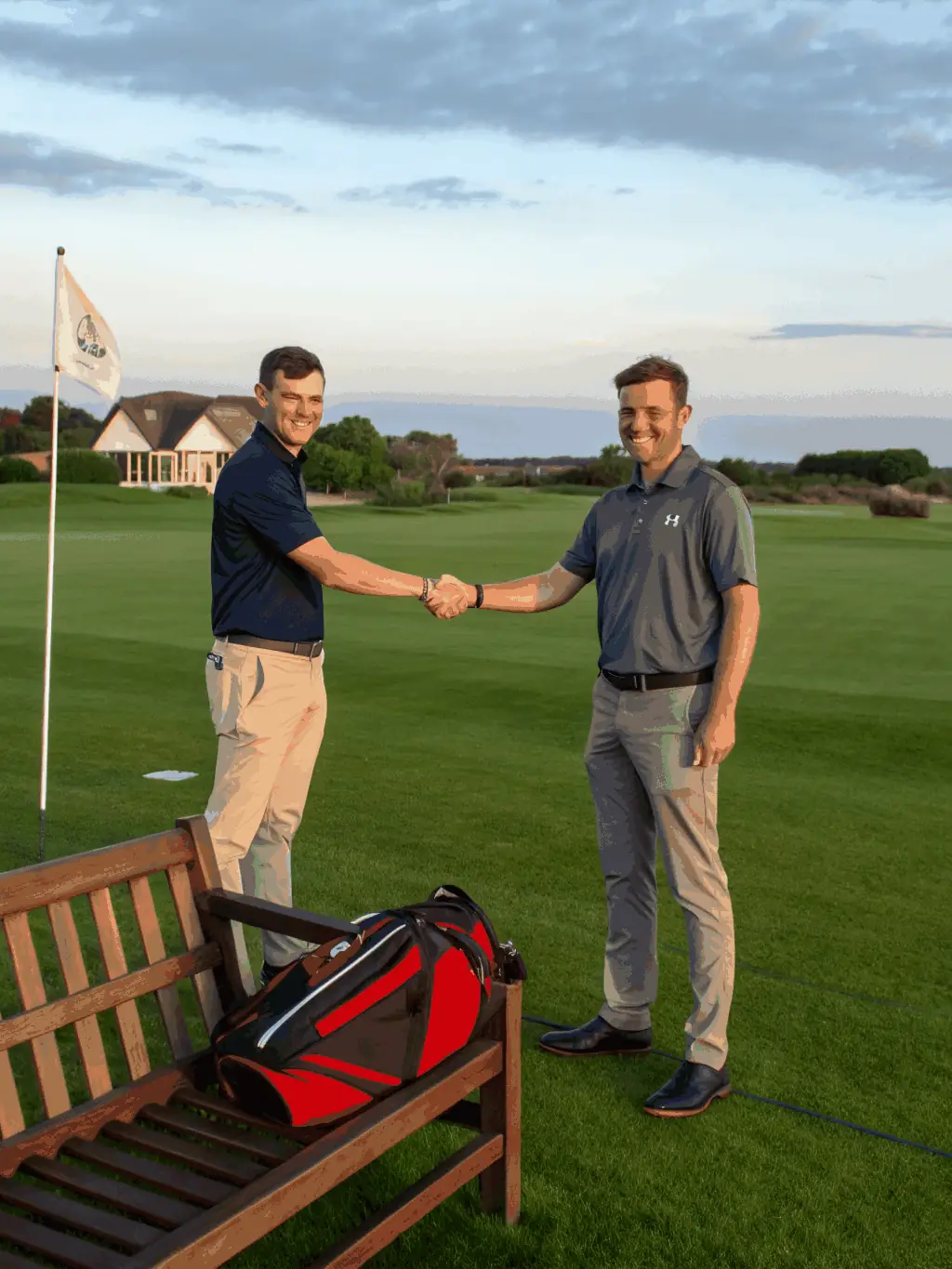 A senior golfer receiving a congratulatory handshake after a successful putt, surrounded by supportive peers, symbolizing encouragement and shared achievement.