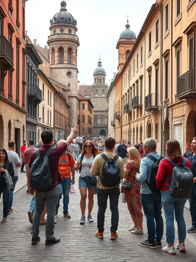 A group of seniors exploring a historic French chateau, guided by a local expert, with cultural artifacts and beautiful architecture in the background, illustrating SG4L’s cultural outings.