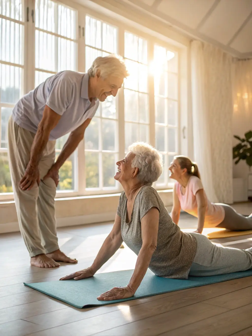 A wellness workshop in progress, with a professional instructor leading senior golfers through gentle stretching exercises outdoors, surrounded by nature and supportive peers.