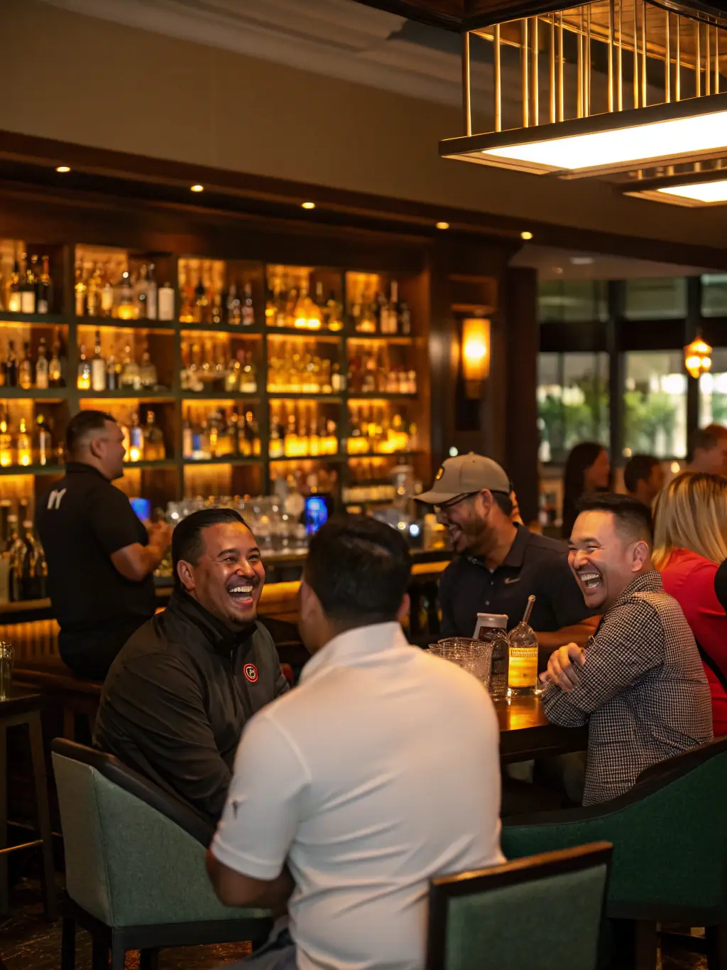 A cozy clubhouse scene with senior members gathered around tables, sharing stories, laughter, and refreshments after a day of golf, capturing the essence of SG4L’s social gatherings.