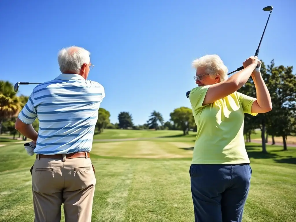 A senior golfer swinging a club on a lush green fairway, surrounded by teammates, illustrating the physical activity and healthy lifestyle encouraged by SG4L’s programs.