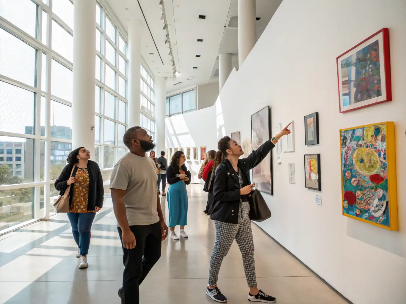 A cheerful group of seniors enjoying a guided museum tour, admiring artwork and sharing stories, with a knowledgeable guide leading the way in a well-lit, elegant gallery setting.