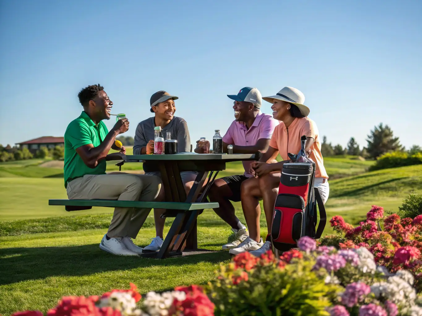A group of senior golfers laughing together on a sunny golf course, with golf bags and clubs in the background, capturing the spirit of camaraderie and social connection promoted by SG4L.