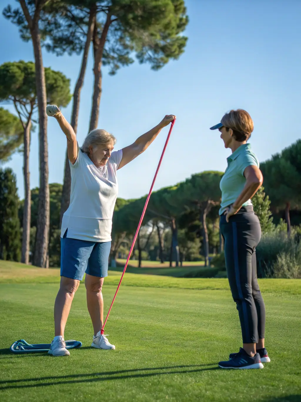 A senior golfer stretching and warming up before a game, with a focus on well-being and active living, set against a bright morning sky.